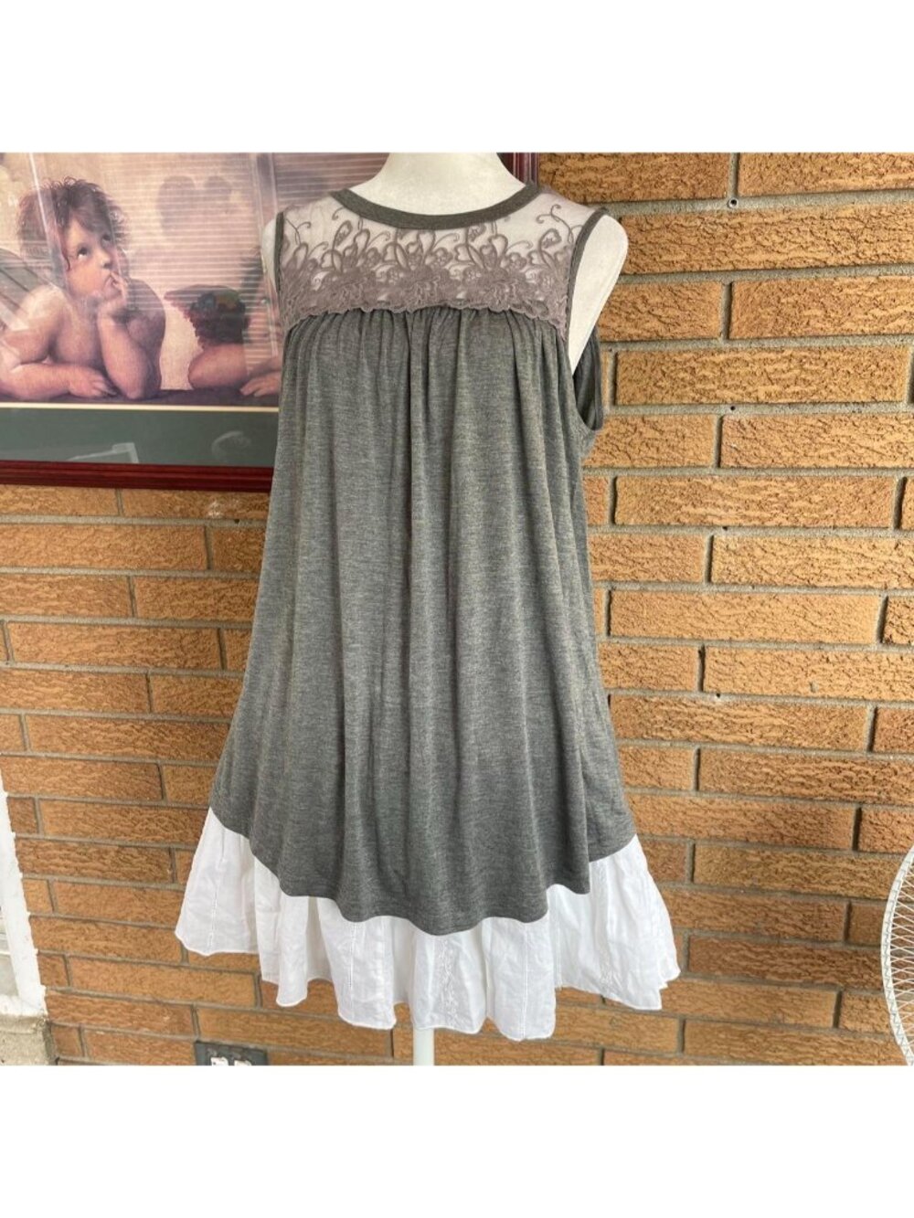 Grey babydoll tank with lacy collar detailing